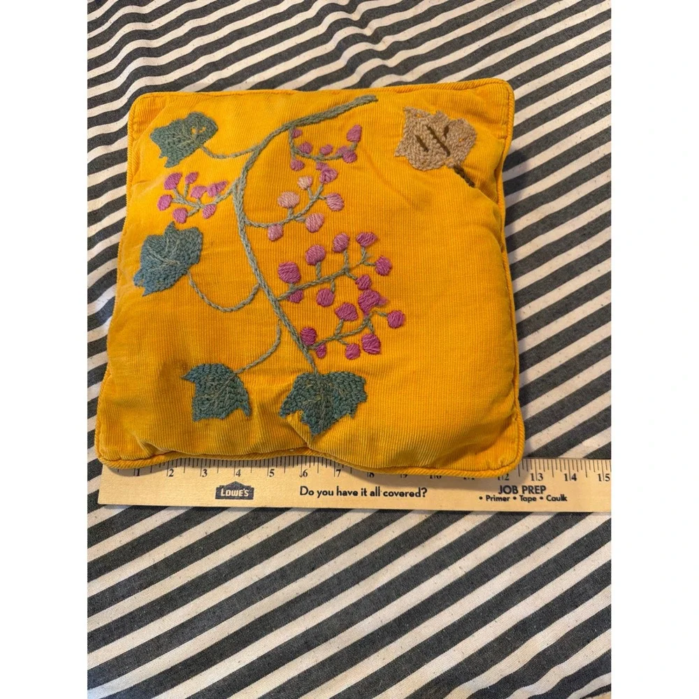 Vintage Mustard Yellow Corduroy Embroidered Botanical Berry Throw Pillow 11.5
